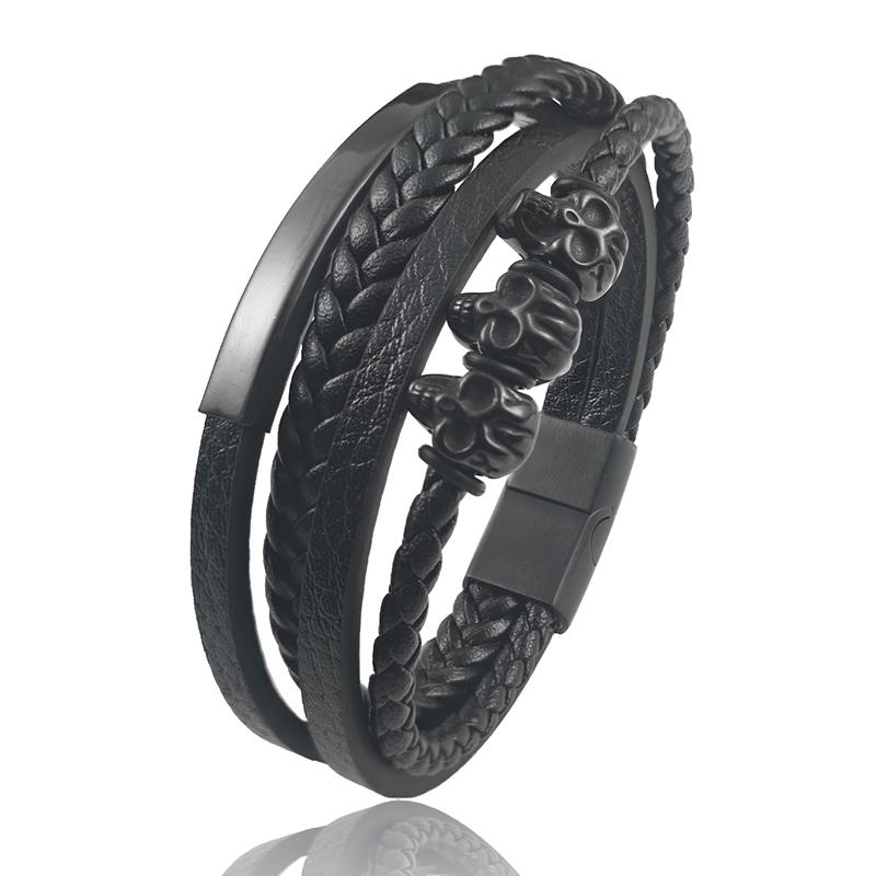 

Trendy Multilayered Woven Bracelet Featuring Ghost Head Design Made of Durable Stainless Steel with Easytouse Magnet Closure 22cm чорний