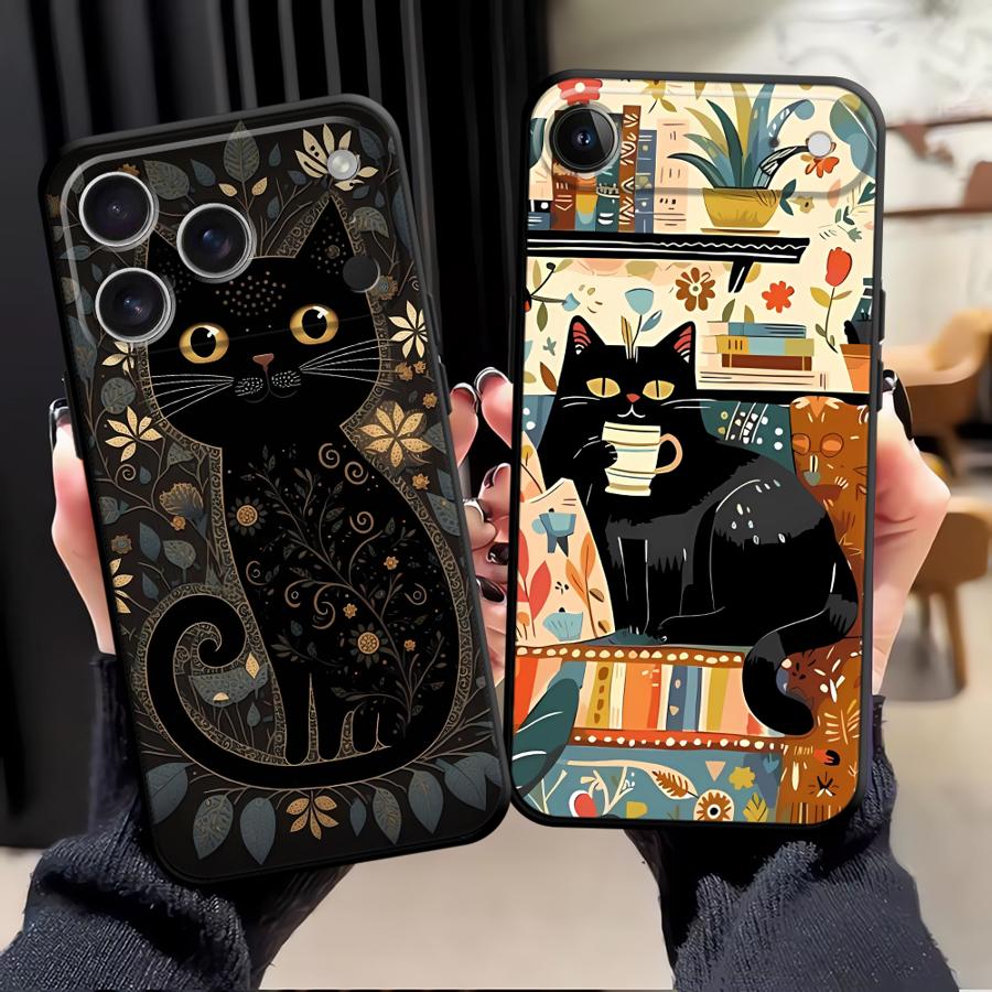 Black Soft Phone Cover Case for iPhone 17Air XS Max XR 7 8 15 16 14 Plus 13 12 11 17 Pro Max Cartoon Cat