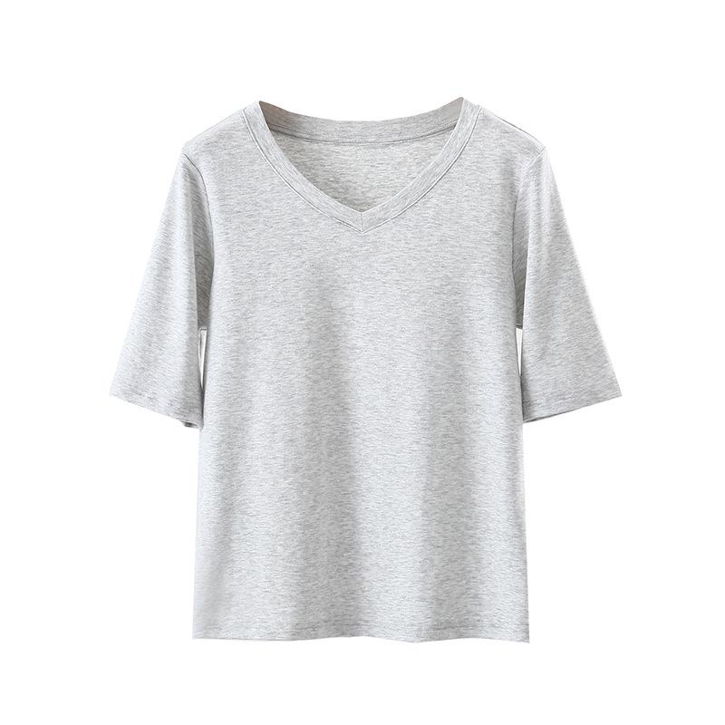 Women's V-Neck Mid-Sleeve Cotton T-Shirt - 2025 Spring/Summer Collection, Fitted Waist, Solid Color
