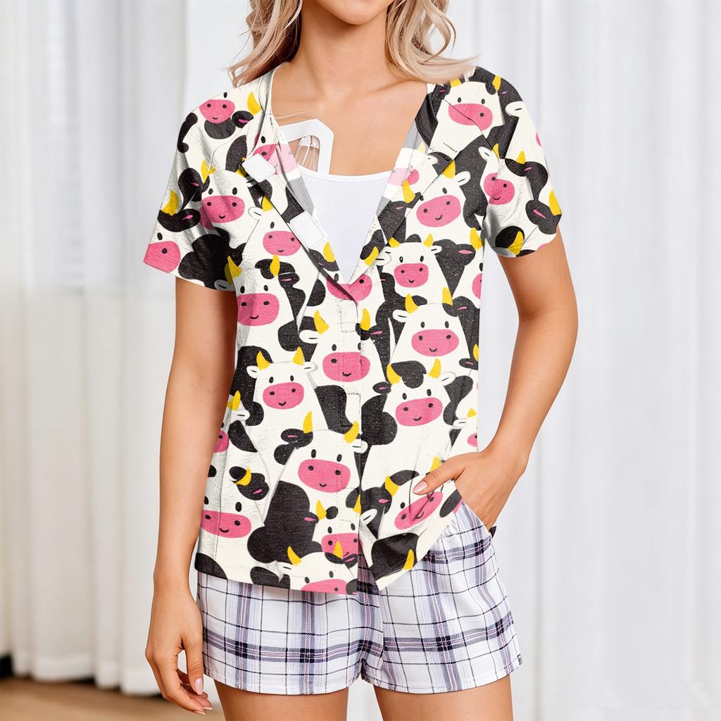 Damen Post-OP Kurzarmhemd Vier Taschen Knopfleiste Cartoon-Print Bequeme Passform Medizinische Genesungs-Top