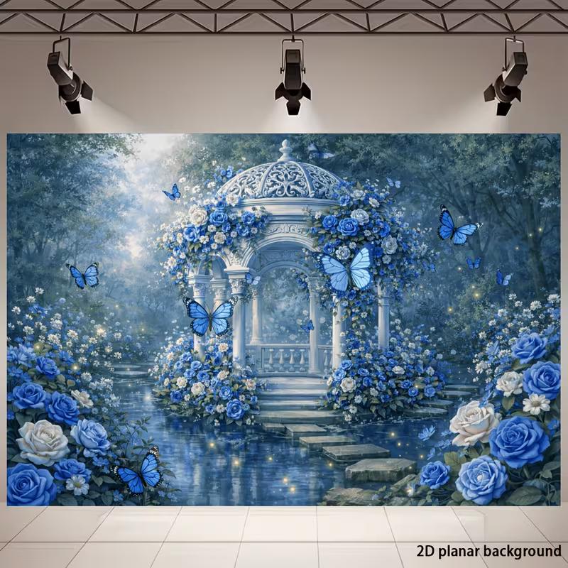 2D Enchanted Blue Rose and Butterfly Photo Booth Background 47.2x31.5inch/120*80cm