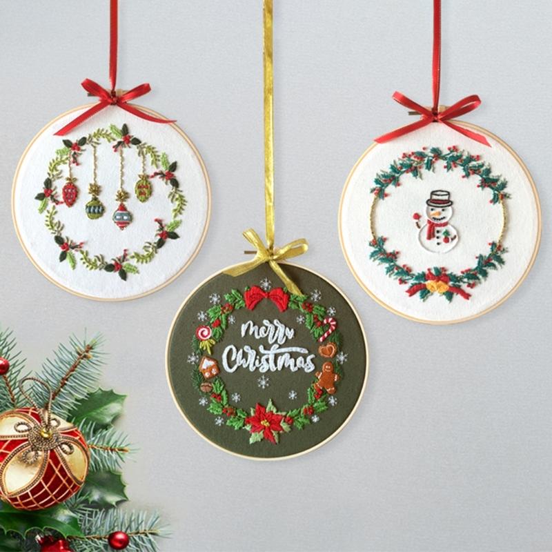 Full Ranges of Stamped Christmas Ornament Embroidery Set for Beginner, Christmas Wreath Cross Stitching Starter Kits