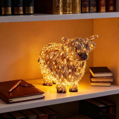 Lighted Highland Cow Statue Resin Animal Sculpture with LED Lights Rustic Light-up Highland Cow Figurine for Farmhouse Porch Garden Lawn