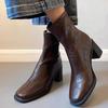 Soft leather version~ short boots commuter high-heeled elastic thin boots 2025 autumn and winter soft-soled public sector retro thick-heeled boots