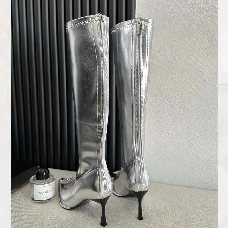Eilyken Winter Street Style Pointed Toe Woman Knee-High Boots Sexy Crystal Zipper Thin High Heels Long Booties Shoes