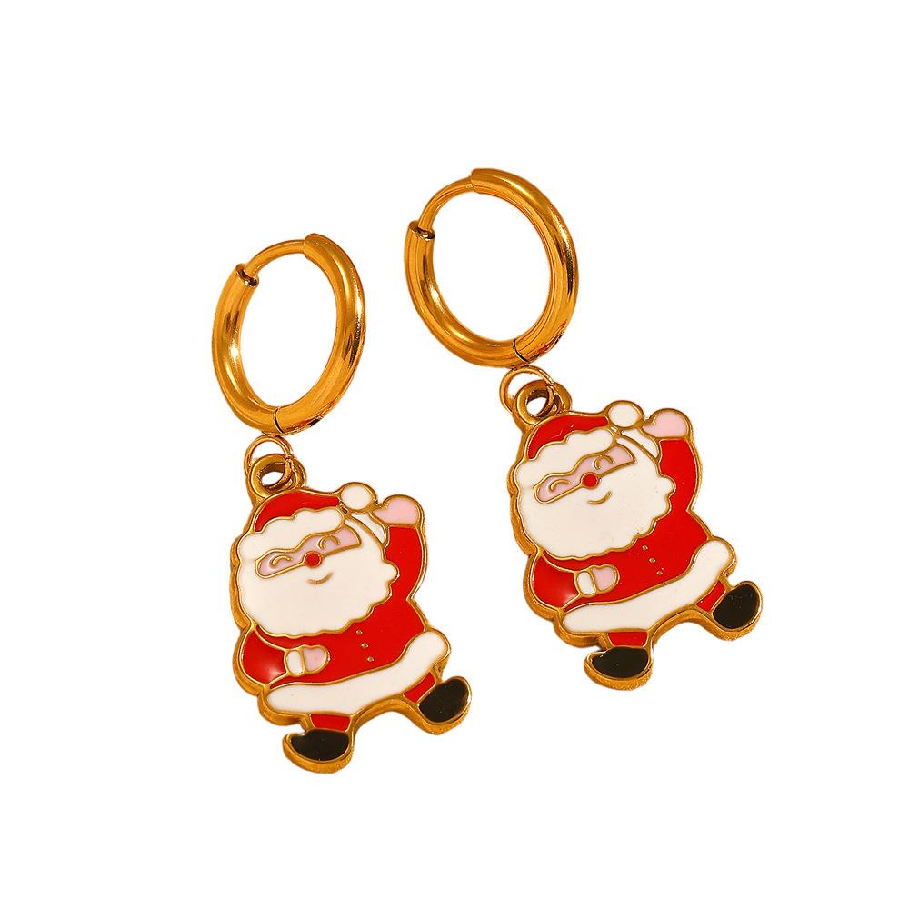 Festive Christmas Earrings: Snowflake, Tree & Santa Claus Stainless Steel Ear Cuffs with Drip Oil