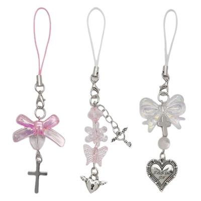 Bow-Love Porte-clés en cristal Y2k avec perles pour téléphone - Pendentif croisé - Chaîne de téléphone anti-perte pour femmes et filles - Rose