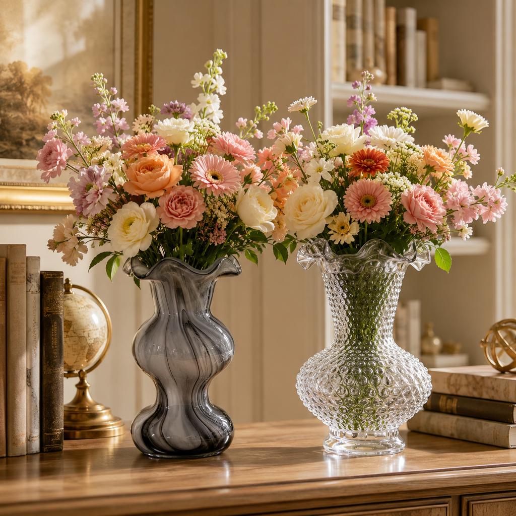 Clear Hobnail Glass Flower Vase with Ruffled Rim, Handmade Bubble Texture Vase for Home Decor