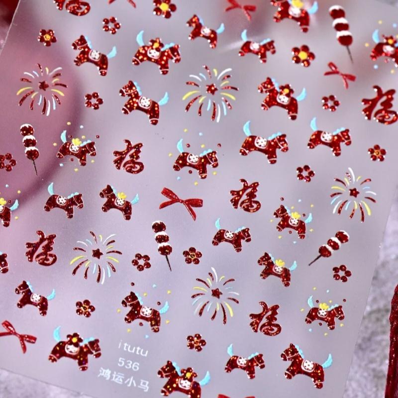 {YY28} Cartoon Red Pony Fortune Lucky Cat Manicure Decals Year Of The Horse Nail Stickers DIY New Year Nail Art Decoration