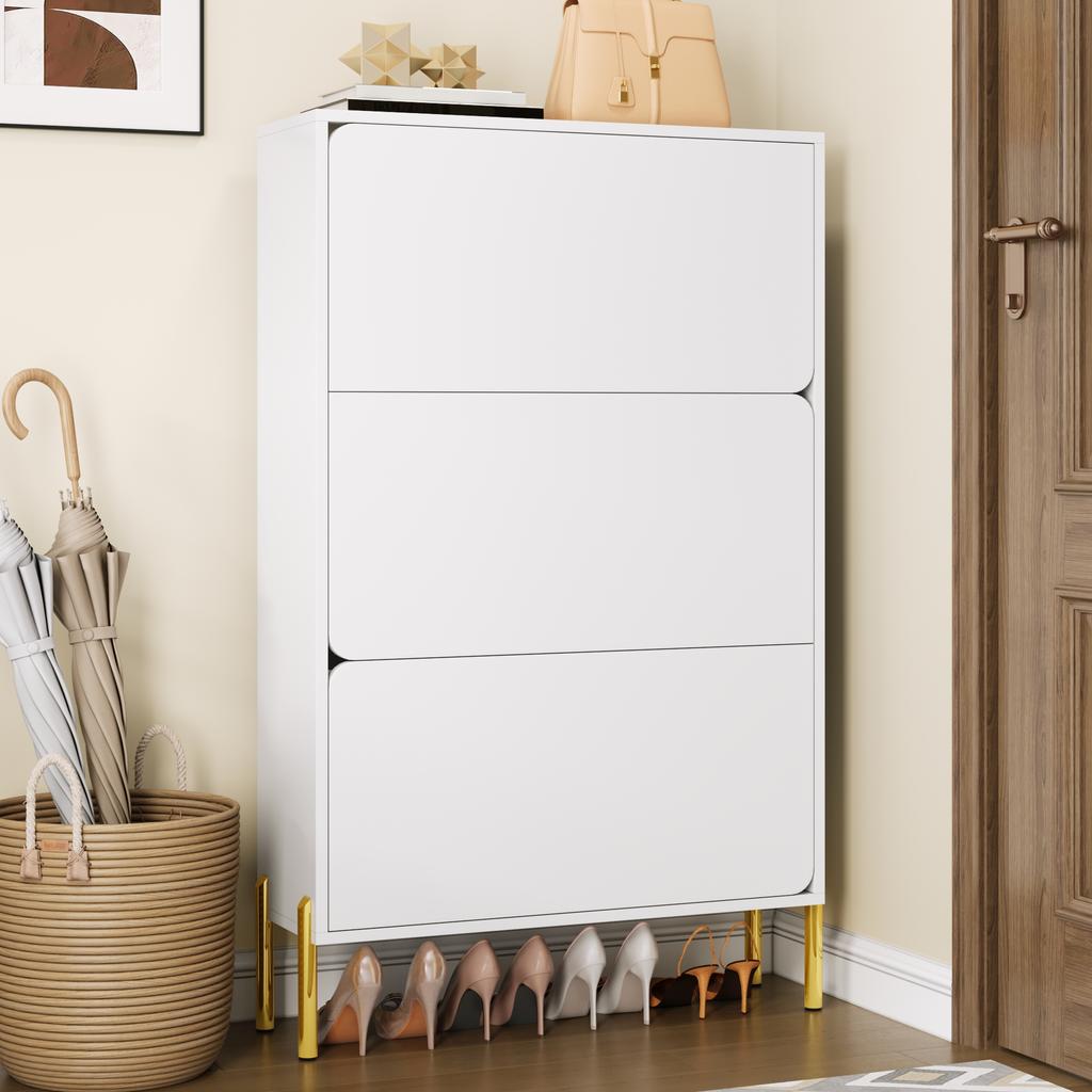 Modern Minimalist Shoe Cabinet, Three Doors, Large Capacity, Golden Cabinet Feet, Stylish and Practical, Suitable for the Entrance Area or Foyer.