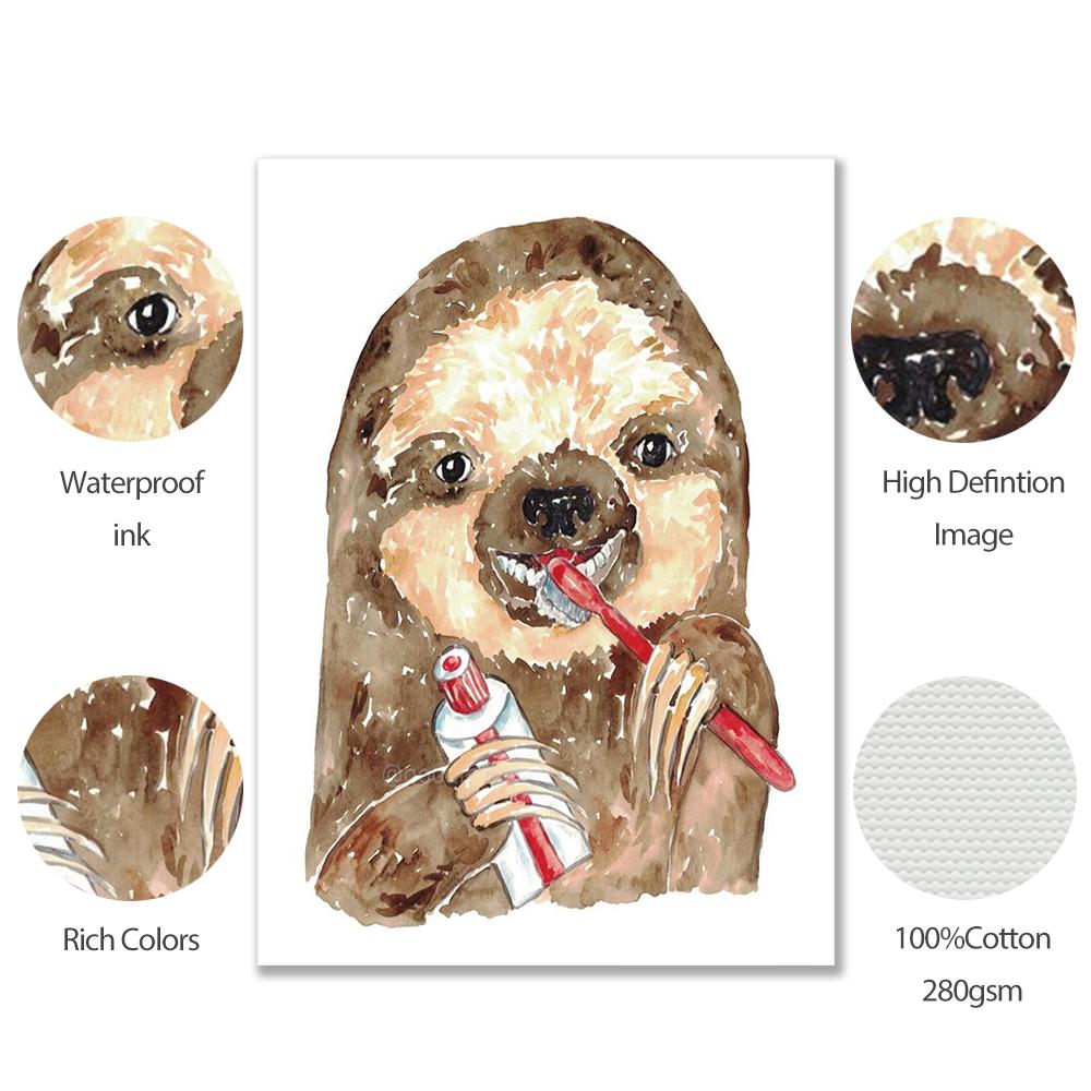 Tierbürste Zähne Wandbild Aquarellkunst Poster Druck Niedliches Faultier Vogel Lama Kind Kinderzimmer Wand Leinwandgemälde Badezimmer Heimdekor