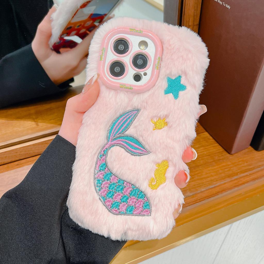 Autumn and Winter Plush Whale Mobile Phone Case Is Suitable for Apple 16PROMAX Trend 14 Fine Hole 15 Lens Holder 11