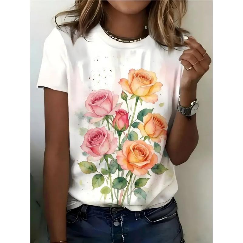 Fashion Women's Crew Neck Short Sleeve 3D Casual Color Printing Casual Short Sleeve Crew Neck T-Shirt