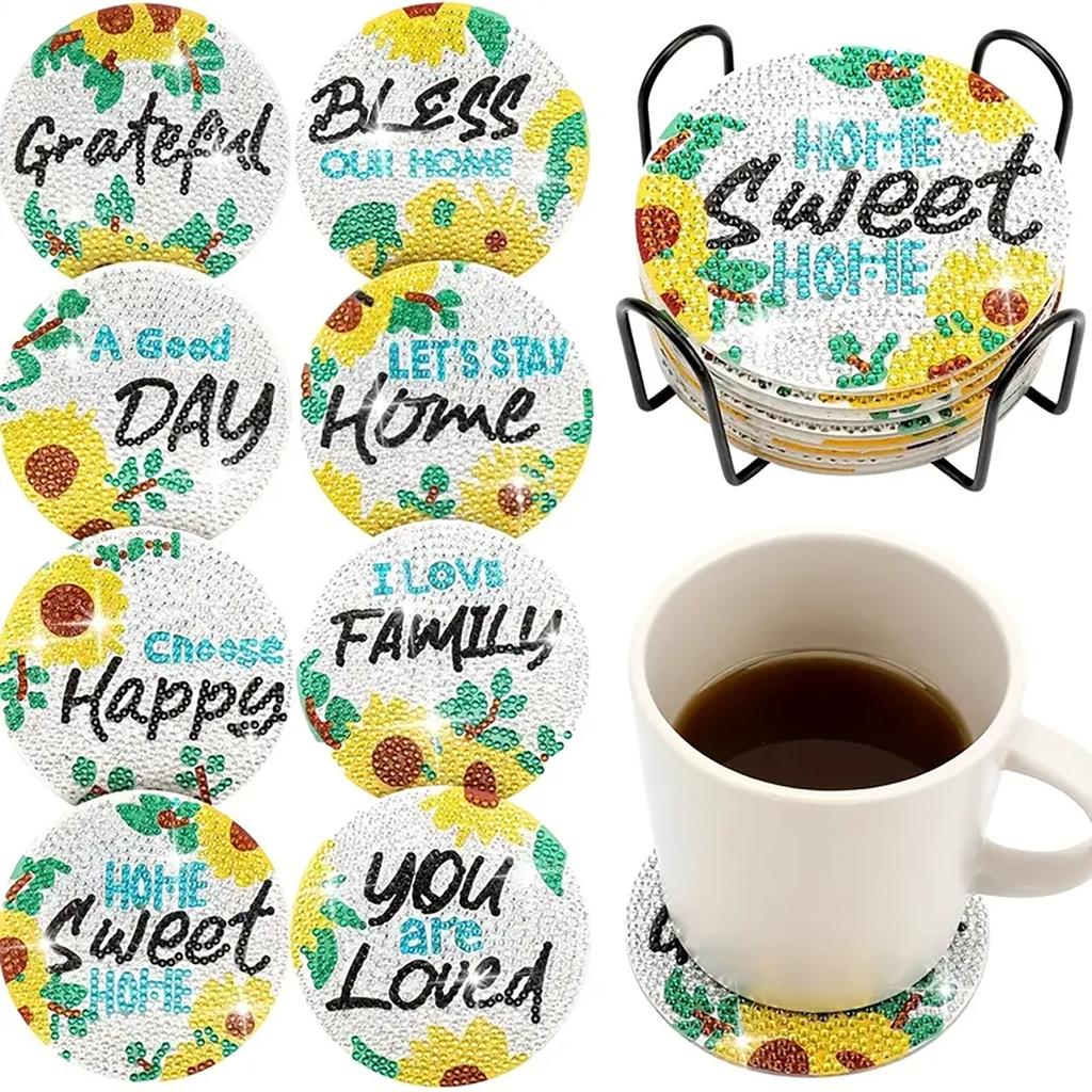8 Pieces/set of Underwater World Animal Diamond Painted Coaster Set with Bracket DIY Coaster for Beginners and Adults, Gift of Art and Crafts Supplies