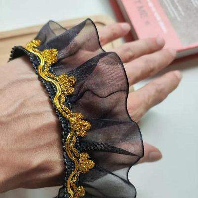 Nastro di Garza Pieghettata Oro e Nero Largo 5CM per Collare in Pizzo Fai-da-te e Accessori per Orlo di Gonna – Stile Etnico