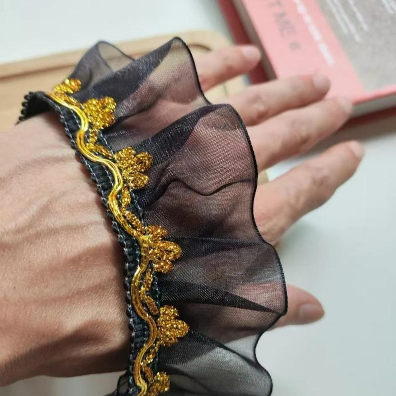 Nastro di Garza Pieghettata Oro e Nero Largo 5CM per Collare in Pizzo Fai-da-te e Accessori per Orlo di Gonna – Stile Etnico