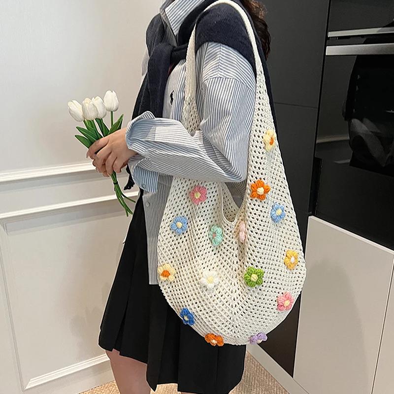 Women Flower Knitted Shoulder Bag  Handbag Lightweight Crochet Tote Bag Casual Top Handle Bag Outdoor Travel Bag