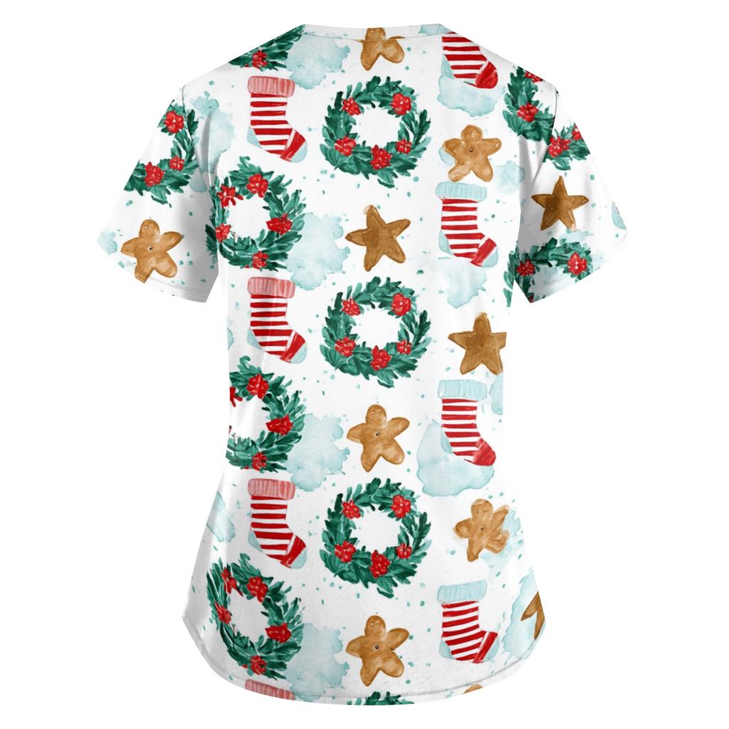 Women's Christmas Print V-Neck Short Sleeve Uniform with Pockets Loose Fit