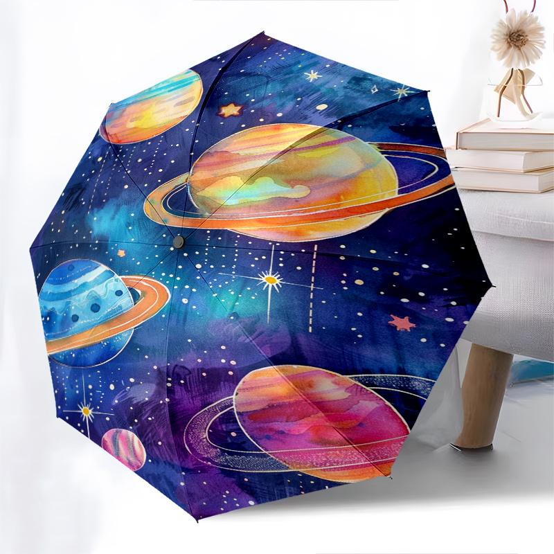Planets, Space Theme Automatic Open/Close Umbrella, Portable 3 Fold Compact Umbrella for Men & Women, Valentine's Day Mother's Day Gift0725034