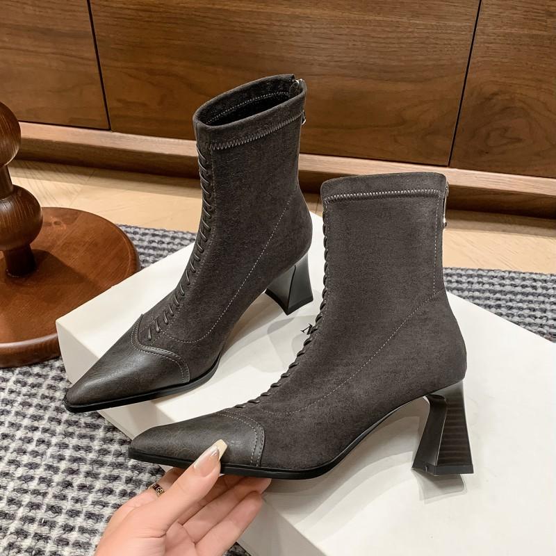 7CM Pointed Toe Chunky Heel Ankle Boots Women Slim Fit Back Zip Fall Winter