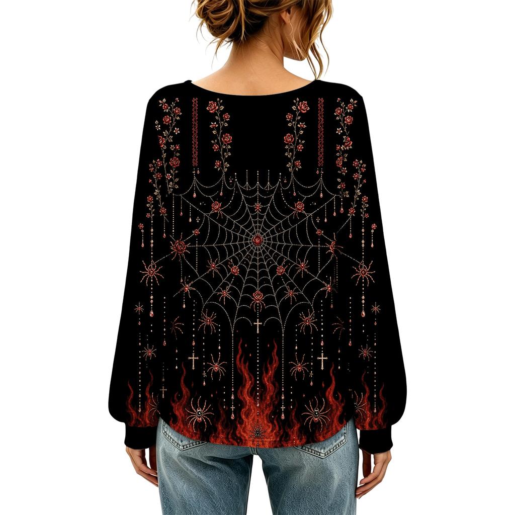 Women's Long Sleeve Neck Halloween Print T-Shirt for Casual Party Wear