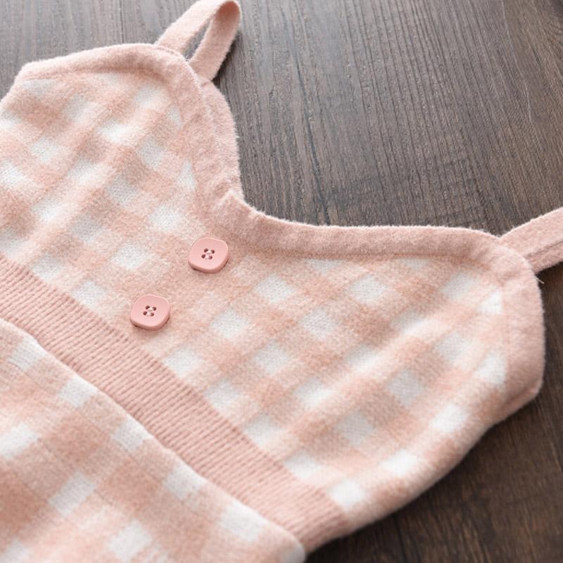 3-8 Year Old Girls Knitted Plaid Inner Suspender Skirt Cardigan Two-piece Baby Girl Suit Skirt