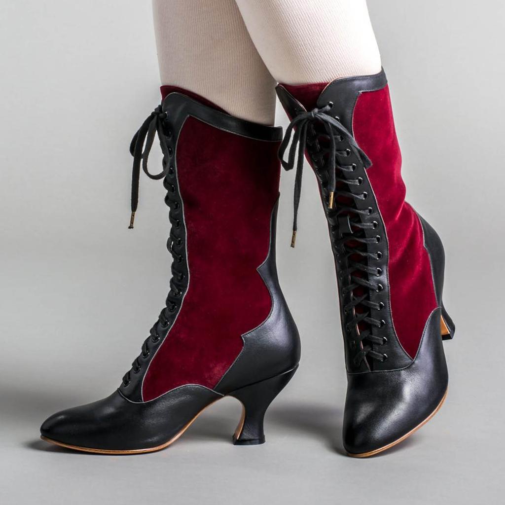Vintage Block Heel Green Lace Up Boots For Women Wide Calf Riding Boots Fashion Color Blocking Patchwork Western Knight Shoes