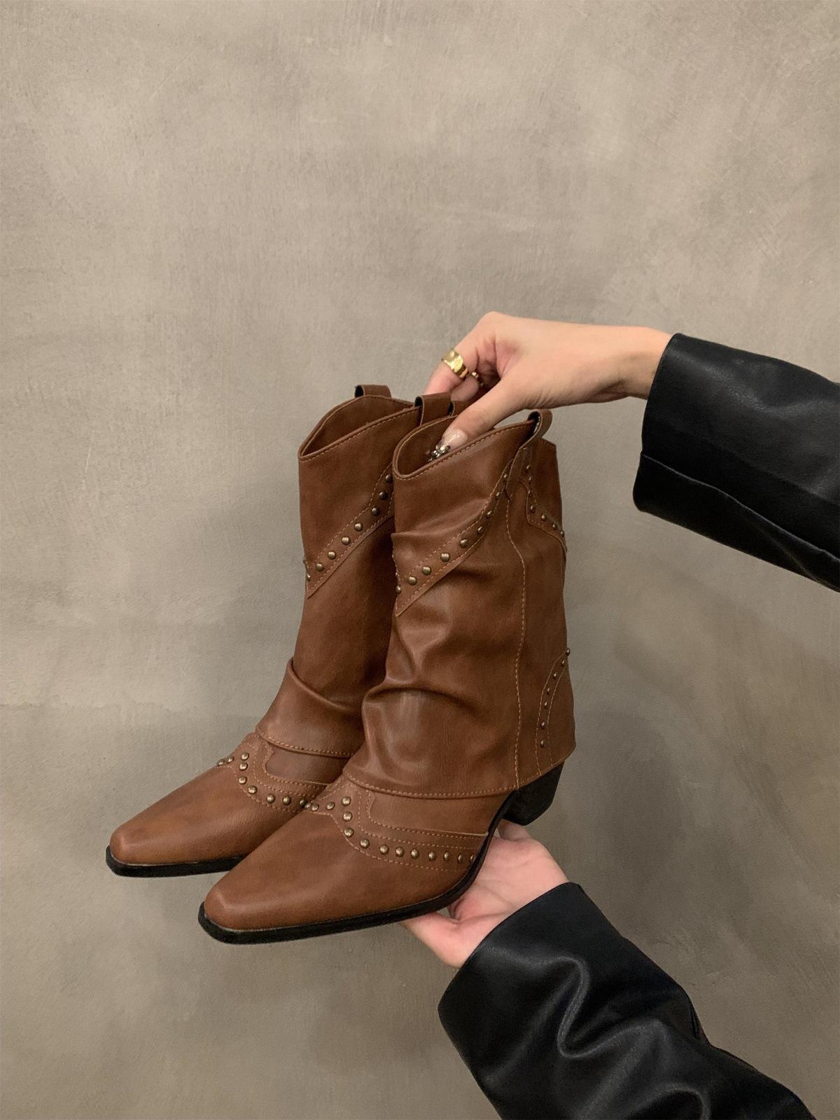 

Thick heel pointed western cowboy boots women s boots 2024 new thin short boots spring and autumn single boots brown Martin boots 40 коричневий