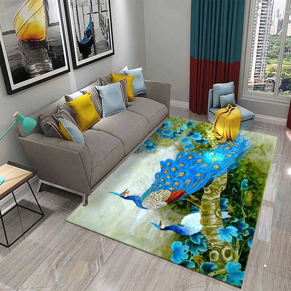 3D Peacock Carpet for Living Room Bathroom Home Decor Sofa Table Rug Anti Slip Chair Cushion Lounge Mat Bedroom Balcony Area Mat