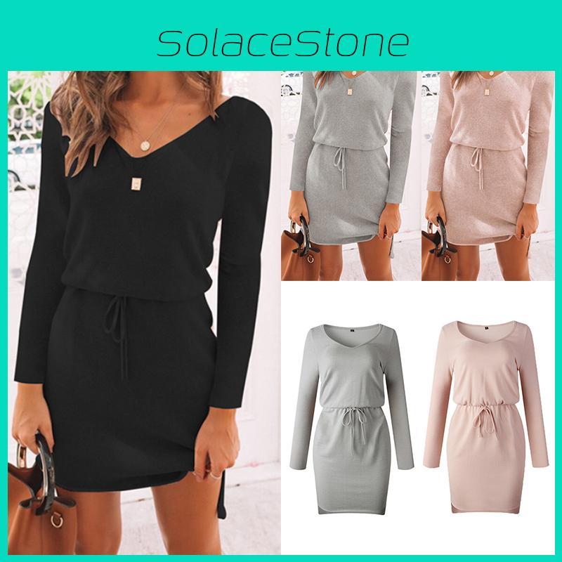 Cozy Deep V-neck Womens Knitted Jumper Sweater Dress For Autumn And Winter