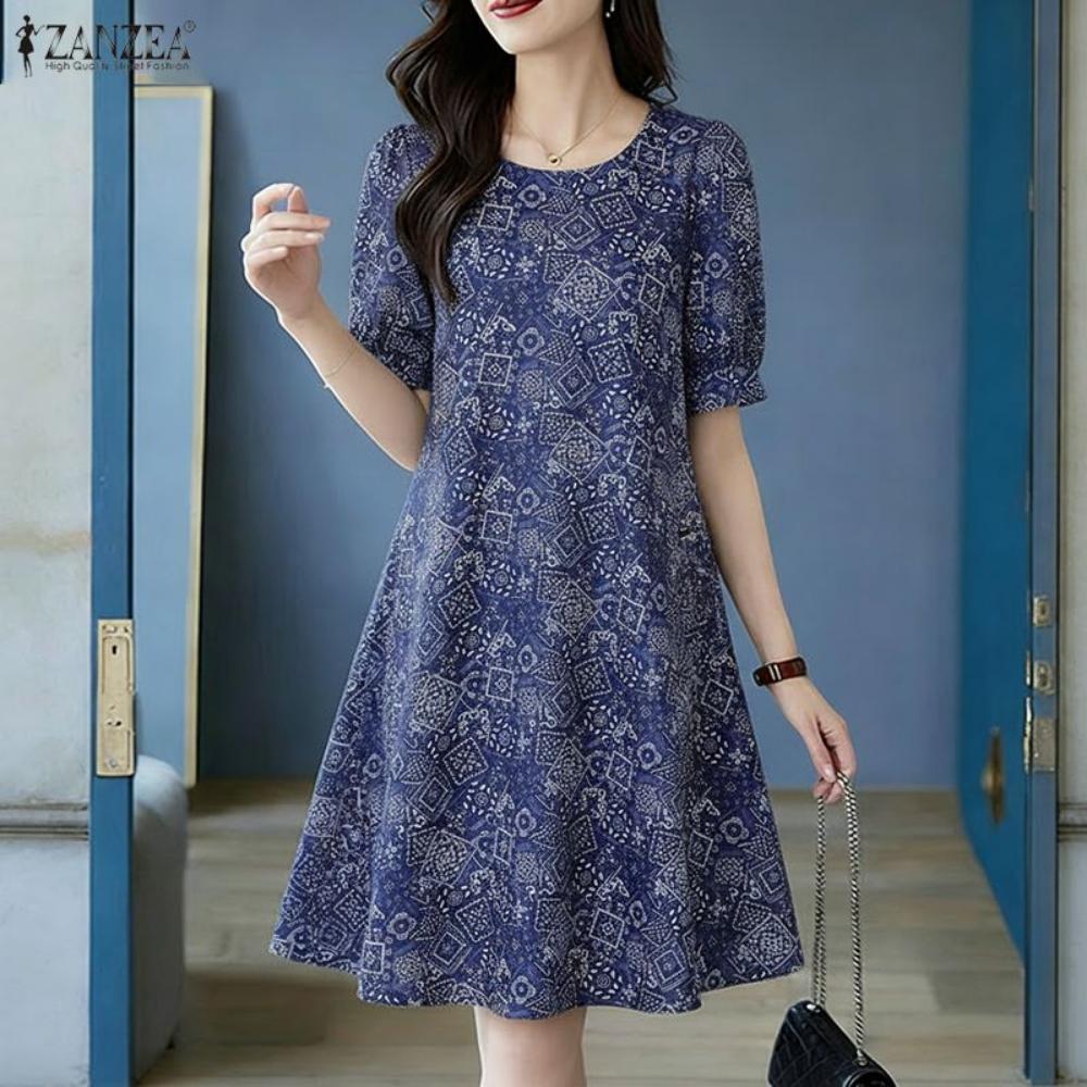 

ZANZEA Women Short Dresses Summer Casual Short Sleeve Vintage Print Mini Vestidos 2026 Fashion O-Neck Beach Sundress Oversized S