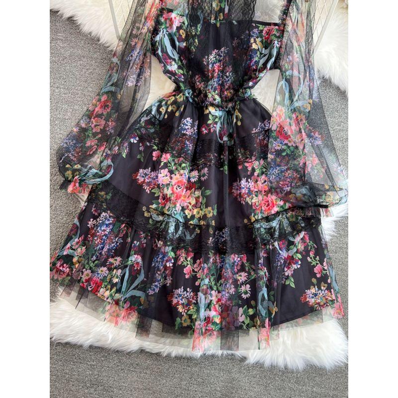 Spring and Autumn Ladies Long Sleeves A- line Dress Mesh