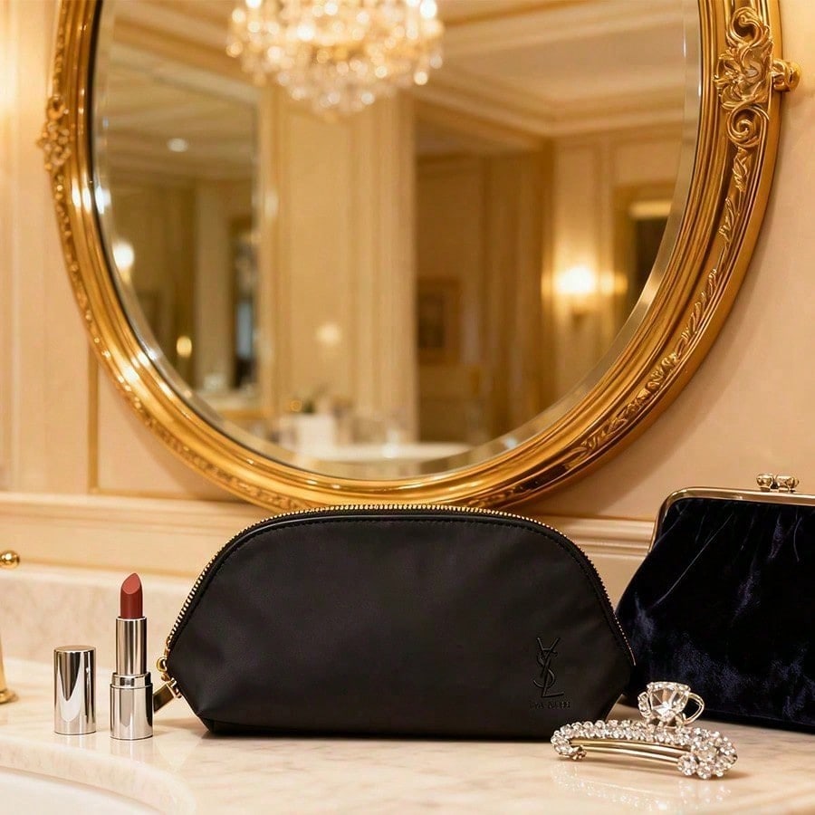 YSL Makeup Bag Storage Bag Handbag Large Capacity Travel Portable Black 19 × 15 × 7cm