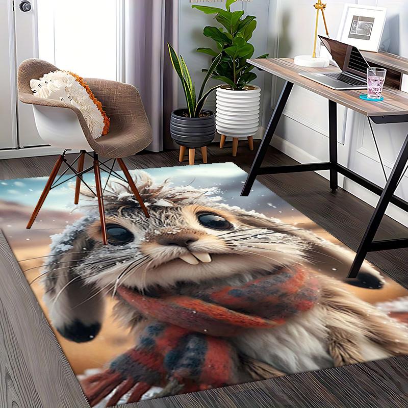 1pc Anime Rabbit Chair Mat with Plaid Scarf Design - Winter Wonderland Office Rug for Desk, Anti-Slip Carpet Suitable for Home Decor, Living Room, Bed