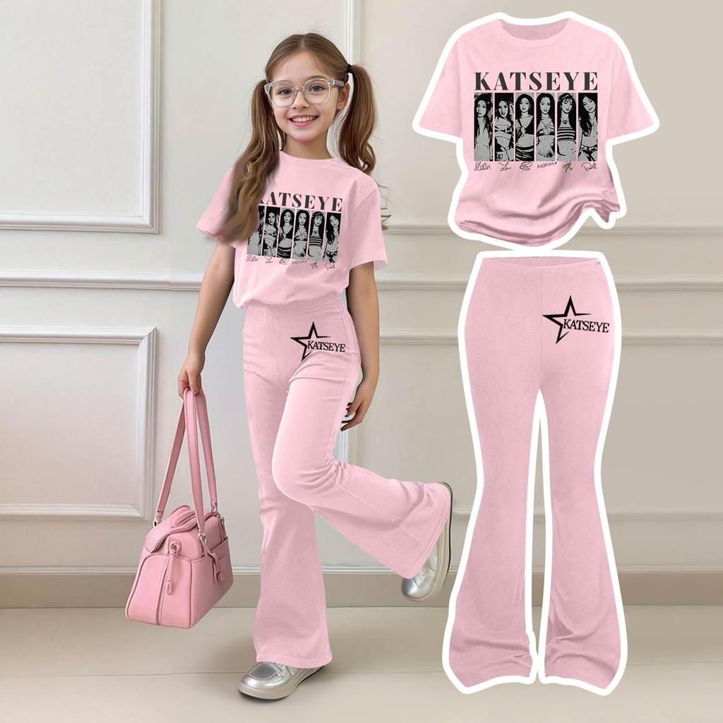 Kids Girls Casual Short Sleeve Printed Outfit Set for Play and Daily Wear