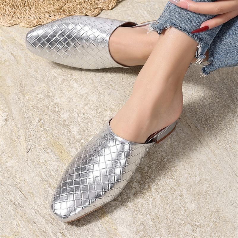 FOREADA Women PU Leather Mules Round Toe Flats Concise Design Ladies Fashion Casual Shoes Spring Autumn Gold Silver 45