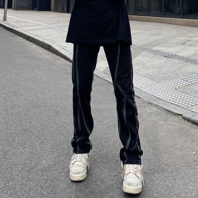 Evropská a americká vibrace ve stylu retro prošívání džíny pánské high street rovná trubka volný design smysl pro výklenek smažené pouliční kalhoty