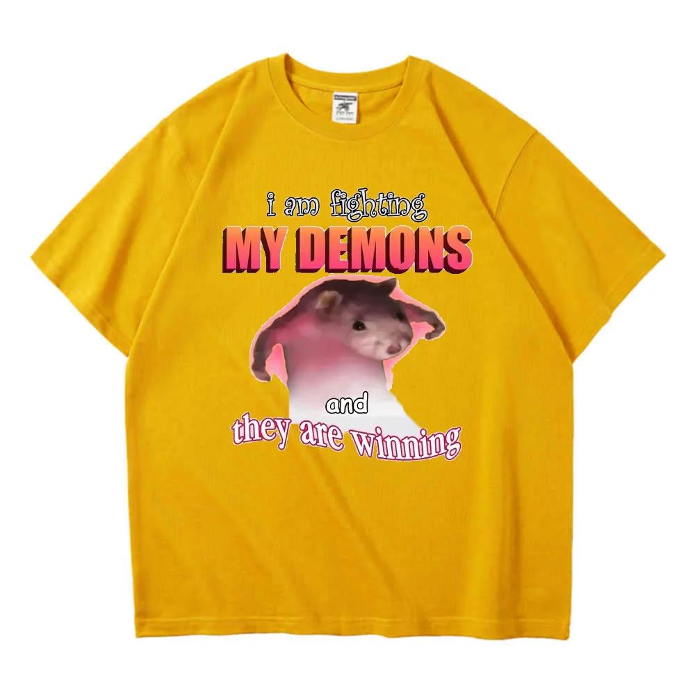 

Забавно, я борюсь со своими демонами, и они побеждают, мышь, мужчины, женщины, футболка, креативная, с коротким рукавом, оверсайз, мужские футболки S