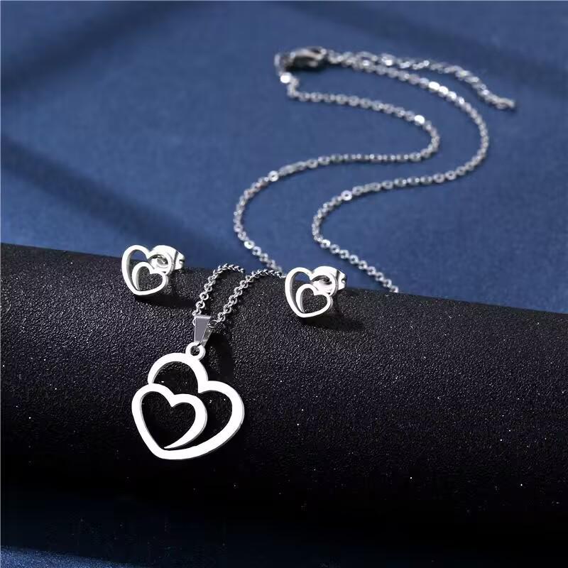 Stainless Steel Necklace & Earring Set - Smooth Clavicle Design with Stud Earrings