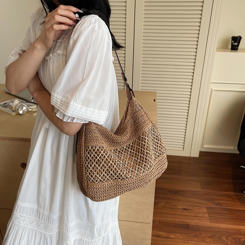 Crochet Mesh Shoulder Bag Women Summer Beach Tote With Leather Strap Natural Style Design