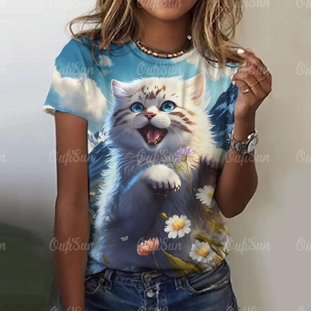 2024 Top Women 3D Cute Cat Printed Women's T-Shirt Oversized T-Shirt Korean Popular Clothes Women Clothing Short Sleeve Blouse