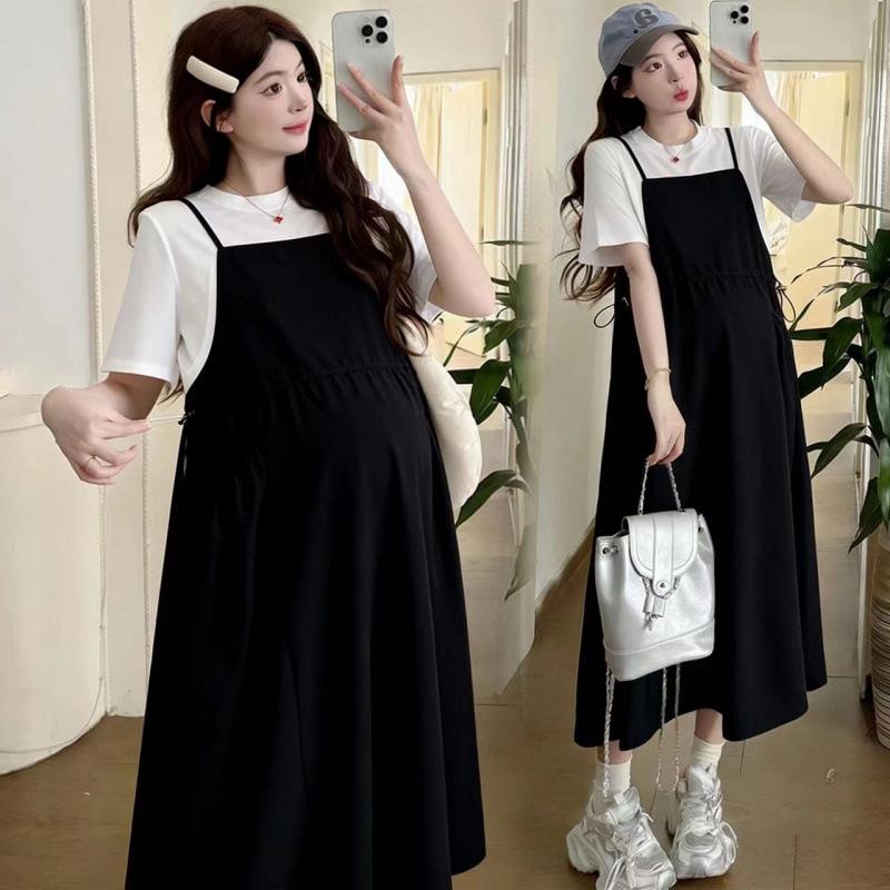 Maternity Summer Set: Waist-Cinching Vest Dress + Round Neck Short-Sleeved Top