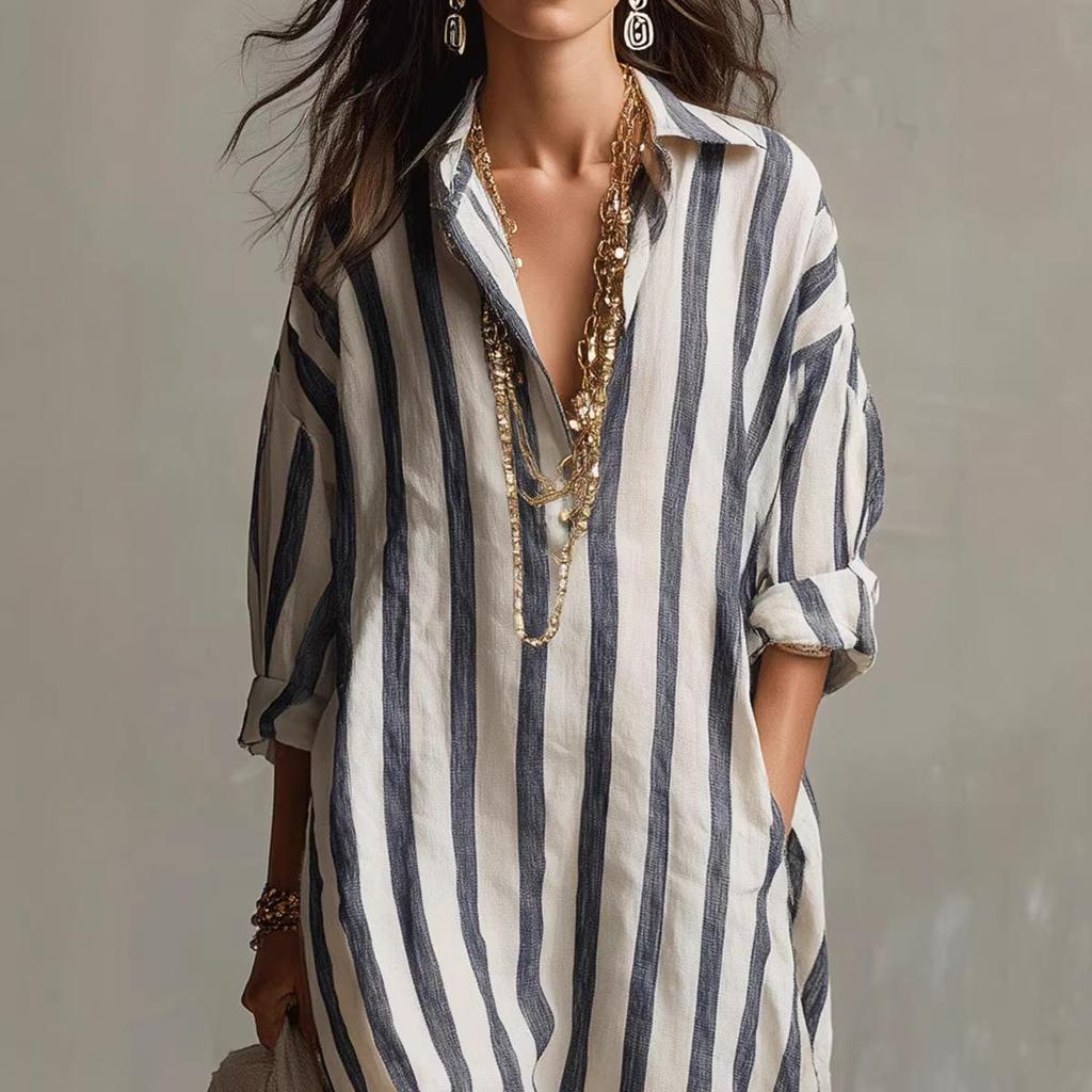 Vestido Casual de Algodón a Rayas con Solapa Primavera/Verano 2026