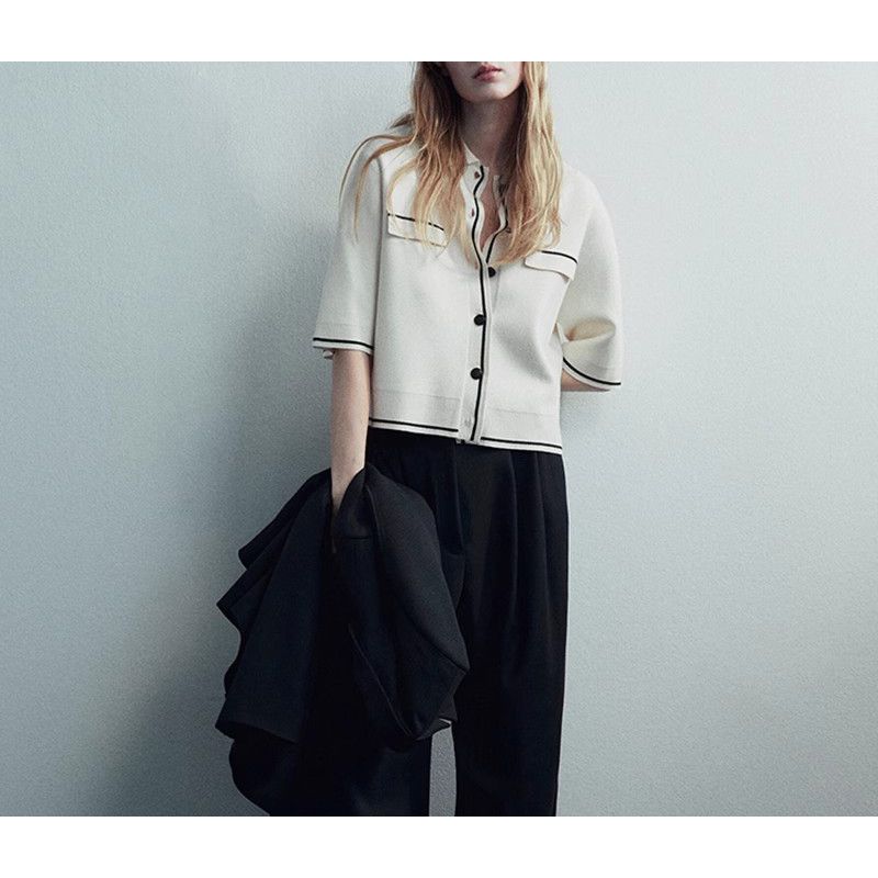 MD Spring New Arrival Women's Lapel Loose Contrast Color Trim Retro Debutante Style Knitting Outwear Cardigan 5663601
