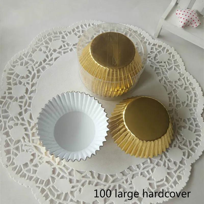 Golden thick aluminum pomfin cake paper cups PVC boxed paper tray for baking 100 pcs