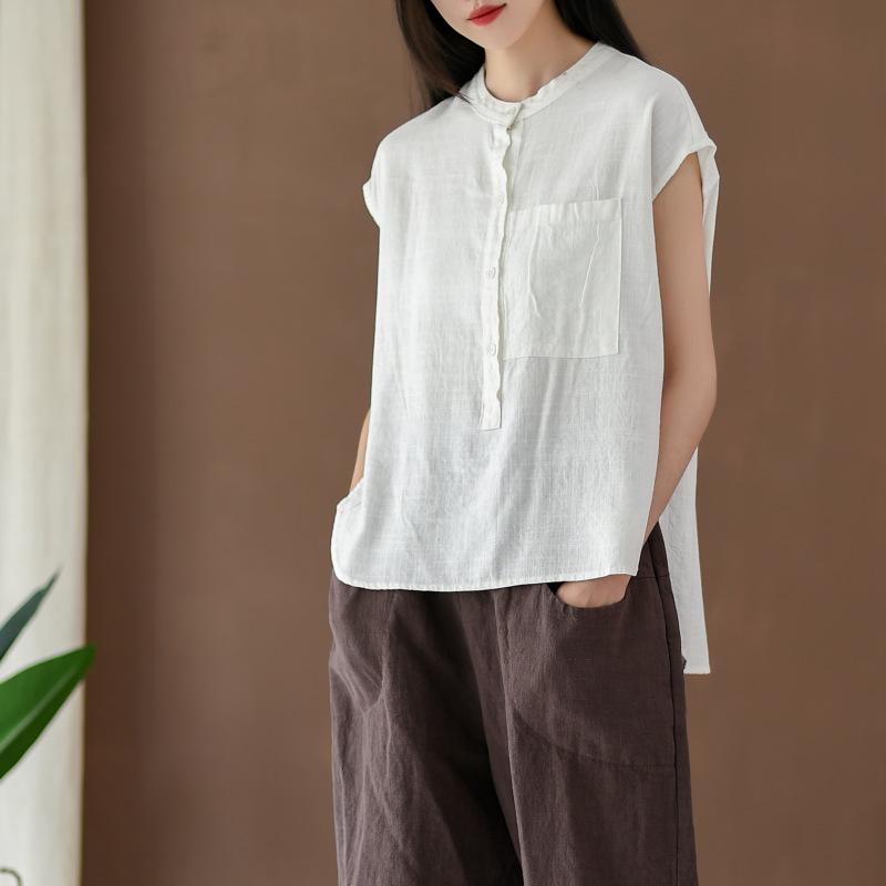Summer Cotton  Linen Women's Artistic Loose Collar Linen Women's Short Sleeved Shirt T Shirt