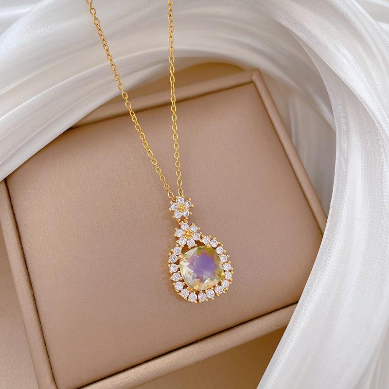 Women Teardrop Pendant Necklace Gold Plated with Colorful Crystal and Zirconia Halo one size