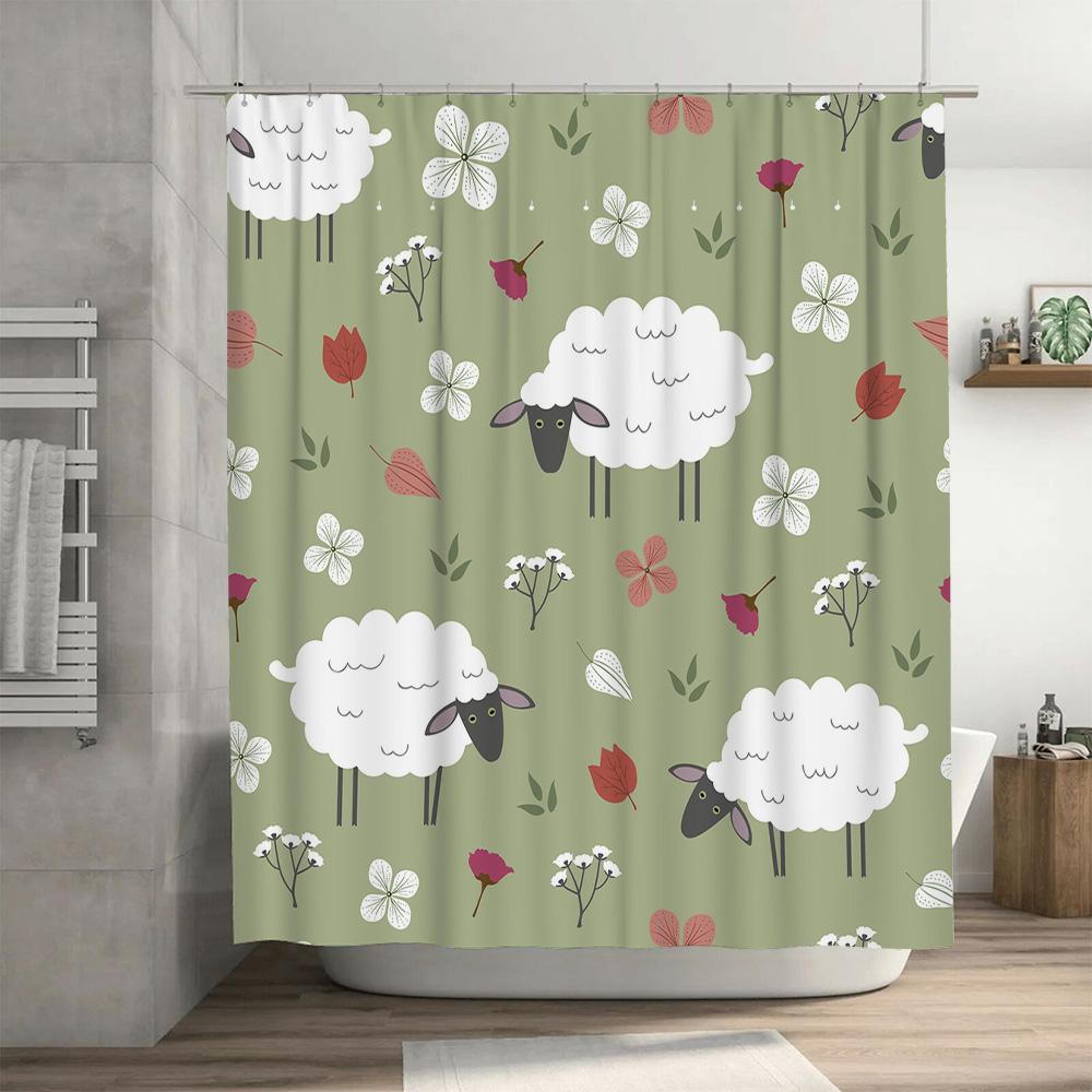 Modern Farmhouse Sheep Pattern Shower Curtain Green Decor Home Decoration Waterproof Liner for Bathtub in Bathrooms