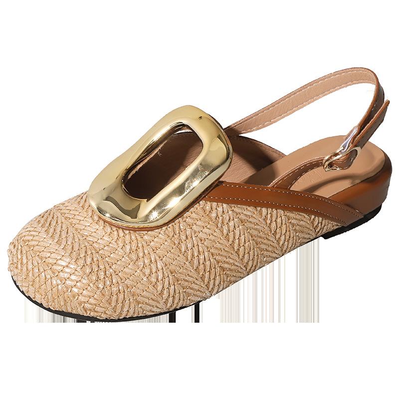 Niche personality design sense straw woven holiday wind bag head shoes women's rear tripple belt hollow slope heel half drag sandals