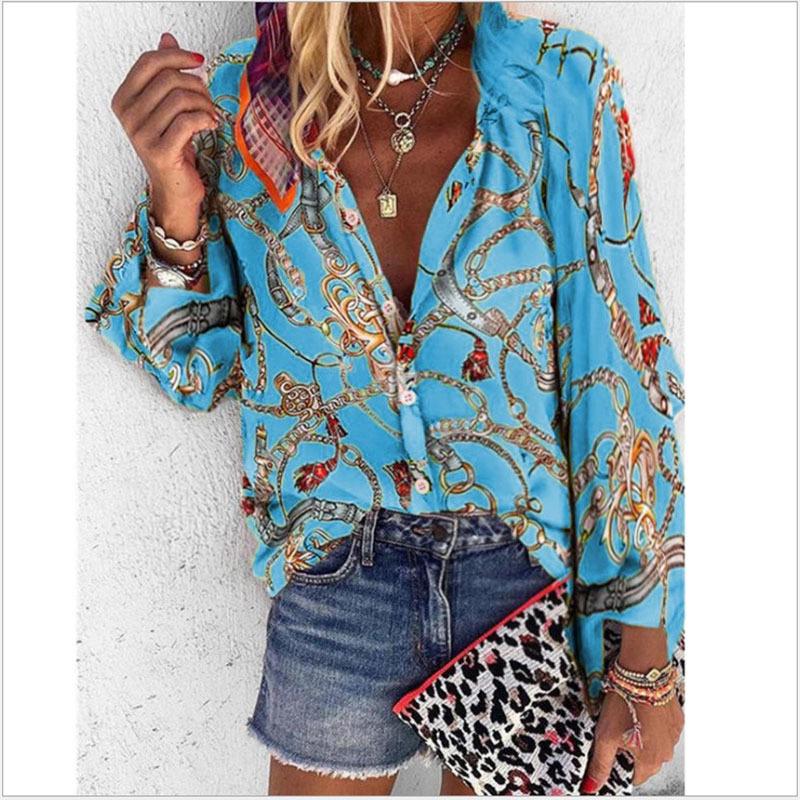 Women's Autumn/Winter Multi-Color Chain Print Stand Collar Long Sleeve Shirt